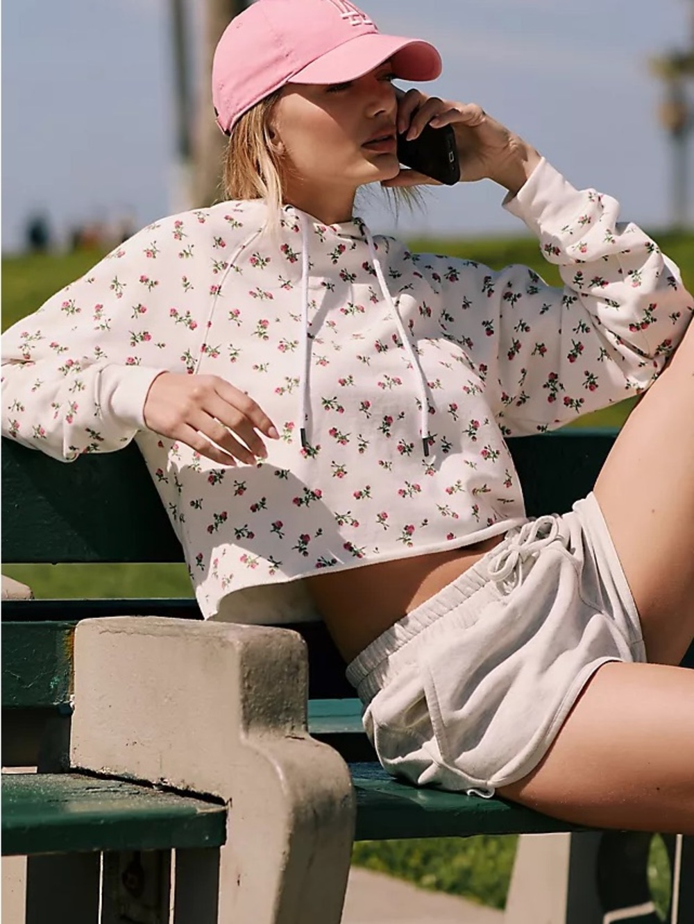 Beach Riot Pink Rose Print Cropped Hoodie